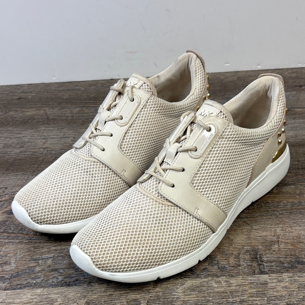 Michael Kors Beige Mesh Studded Sneakers – Size 10M / 41M – Gold Logo Heel